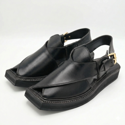 Premium Black Leather Kaptan Peshawari Chappal