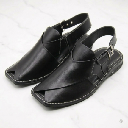 Premium Black Leather Zardari Peshawari Chappal
